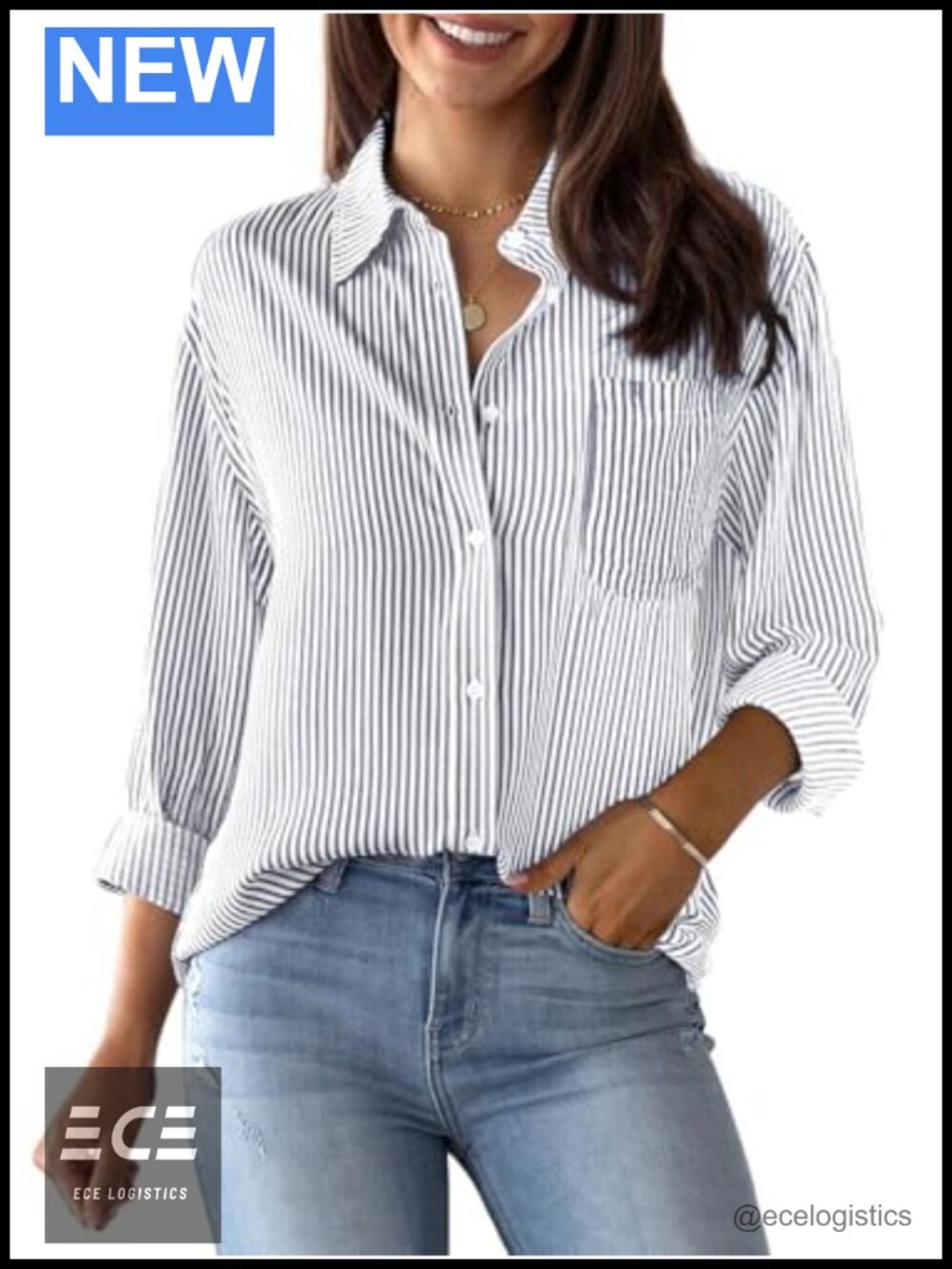 Striped Button Down Shirt Long Sleeve V-Neck Tunic Work Blouse